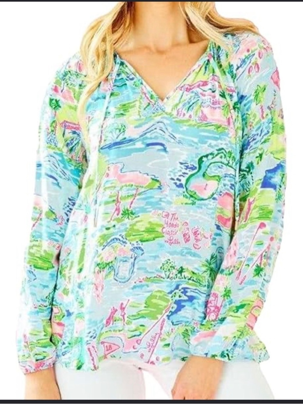 Lilly Pulitzer Pastel Coastal Print V-Neck Pullover - Light Blue, Pink, Green